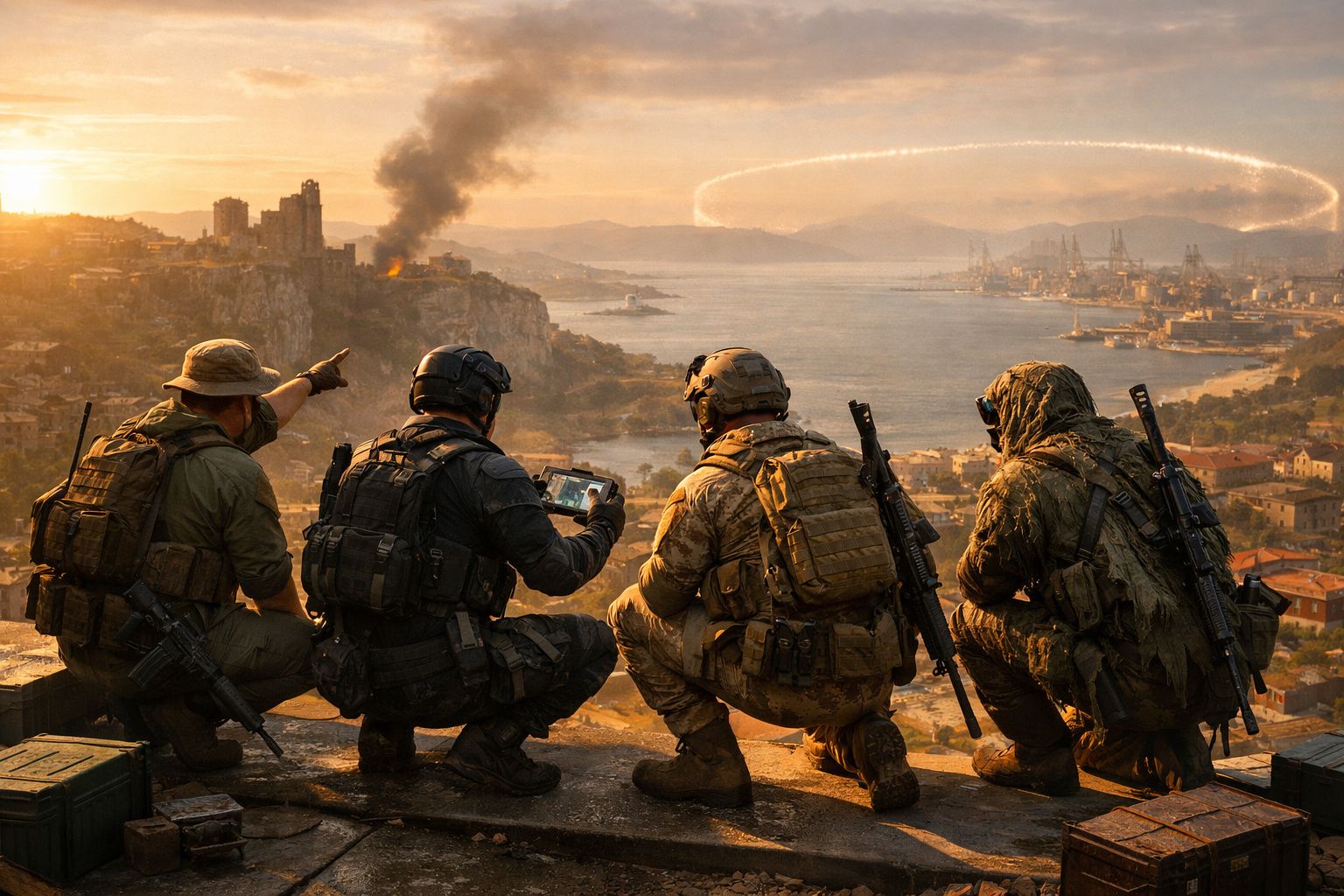 Quatro soldados equipados observam uma cidade em conflito com fogo e uma anomalia luminosa no céu ao fundo.