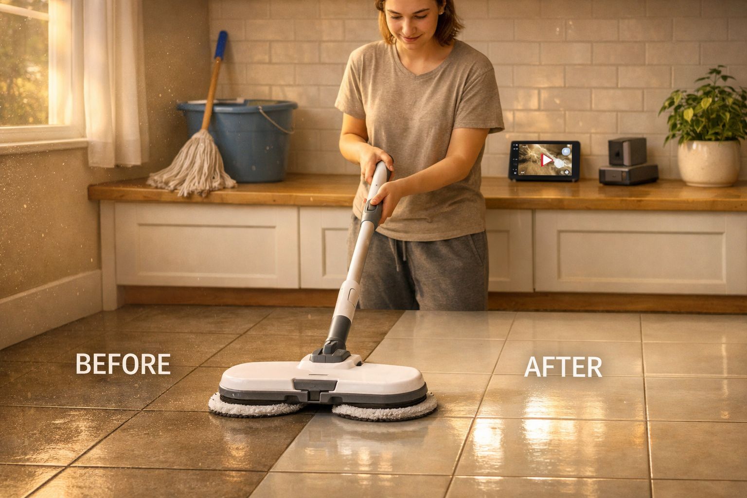 Pessoa a limpar chão de azulejos com mop elétrico que mostra antes e depois da limpeza.