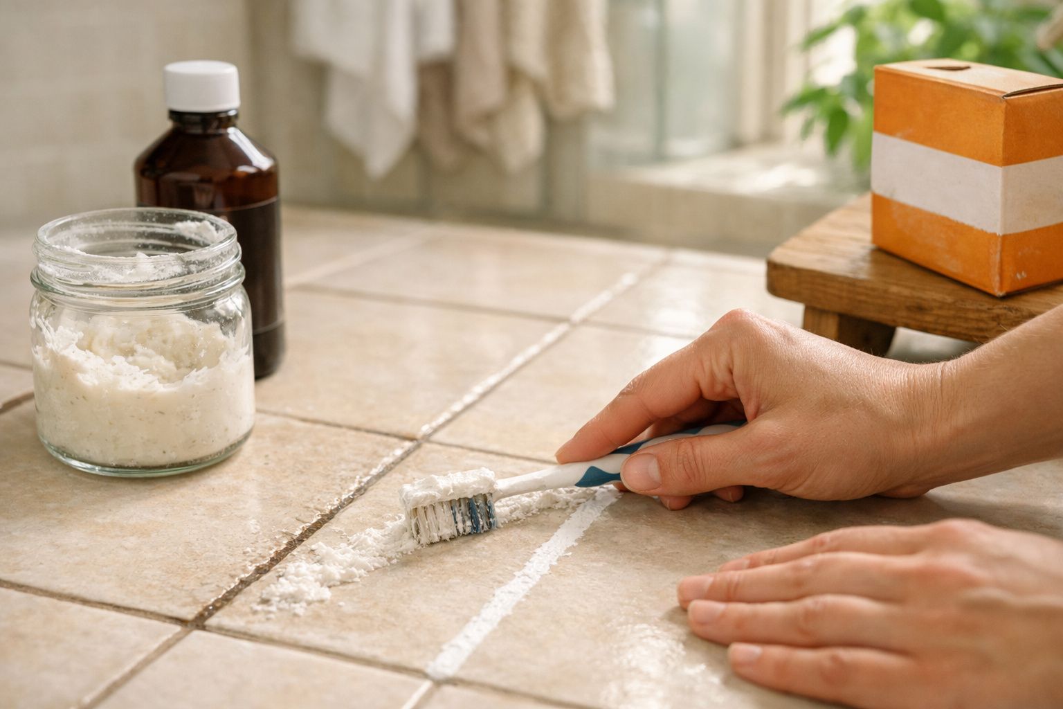 Mãos a limpar juntas das cerâmicas com pasta branca e uma escova de dentes numa bancada.