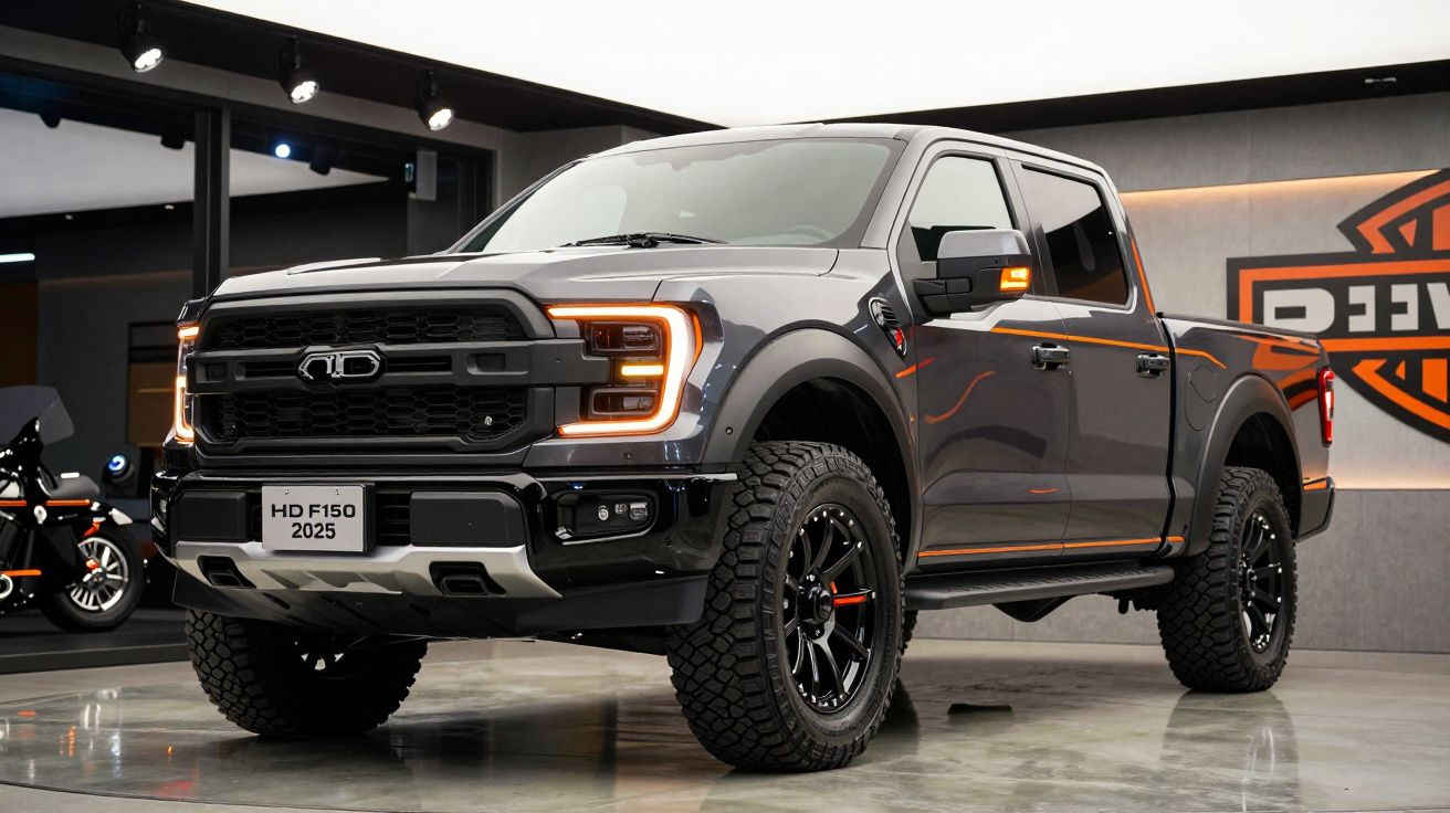Pick-up cinzenta Ford HD F150 2025 com faróis LED e detalhes em laranja exposta em showroom moderno.