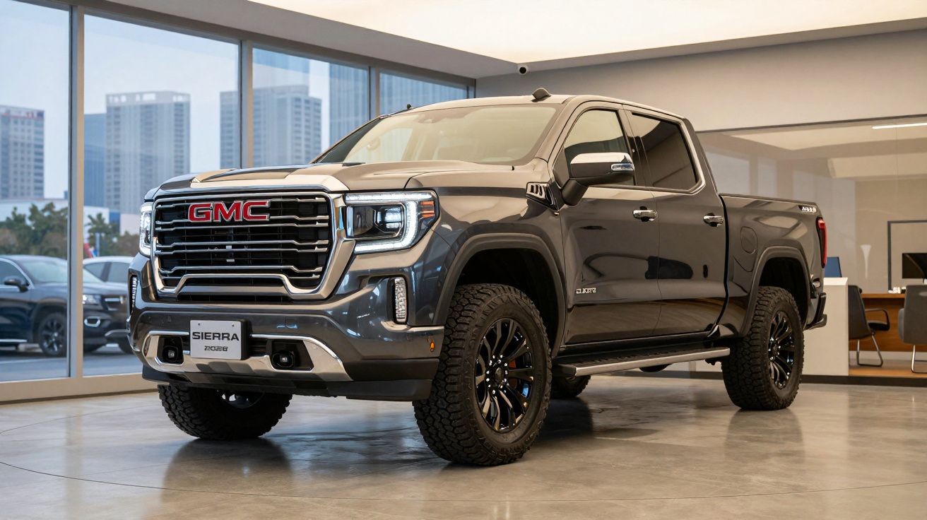 Pick-up GMC Sierra cinzenta exposta numa sala moderna com janelas grandes e vista urbana.