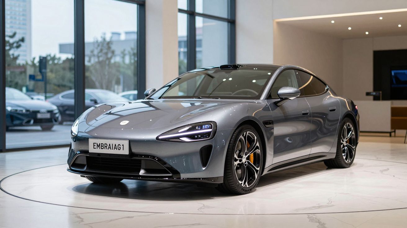 Carro desportivo cinzento de quatro portas em exposição num showroom moderno e luminoso.