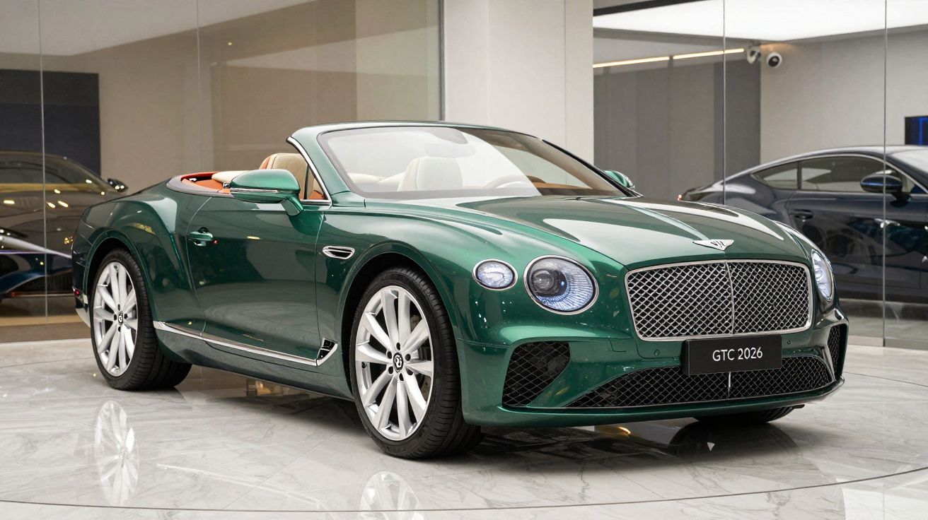 Carro desportivo conversível verde metálico Bentley GTC 2026 em exposição num salão moderno.