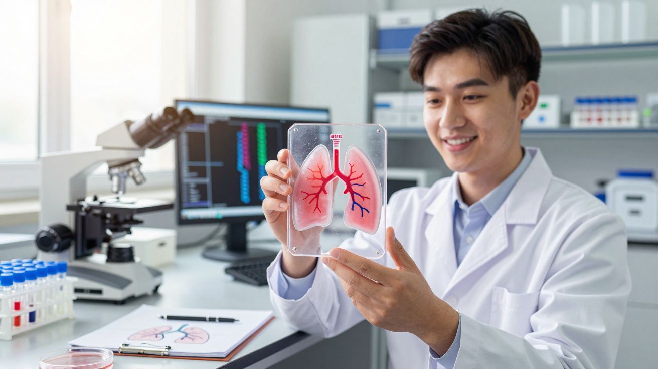 Cientista com bata branca segurando modelo ilustrativo dos pulmões num laboratório moderno.
