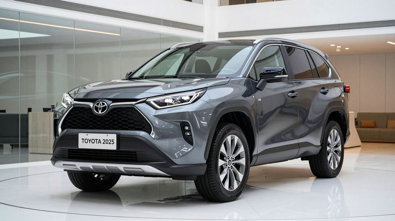 SUV Toyota cinza modelo 2025 em exposição num salão automóvel moderno e iluminado.