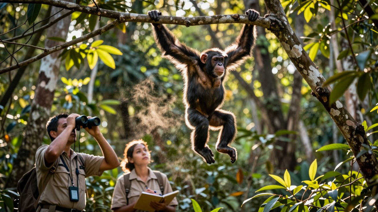 Chimpanzé jovem pendurado numa árvore enquanto dois especialistas observam na floresta.