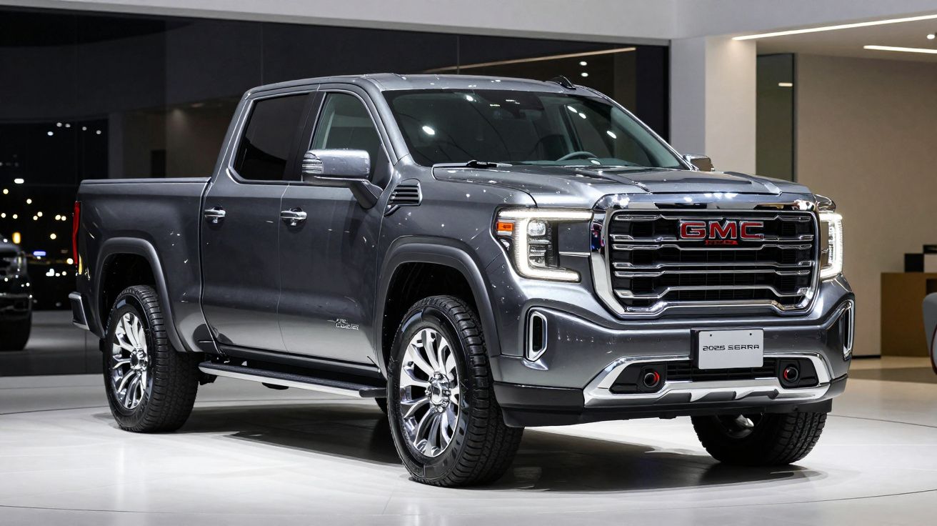 Picape cinza GMC Sierra 2023 estacionada em interior moderno e bem iluminado.