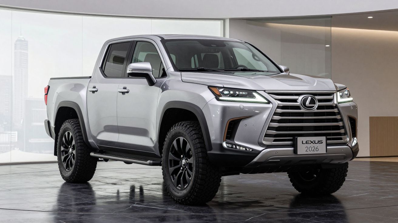 Picape Lexus 2026 cinzenta com design robusto exposta numa sala moderna.