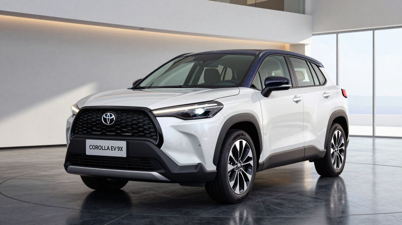 SUV Toyota Corolla EV 9X branco com tejadilho preto, estacionado em espaço interior moderno e luminoso.