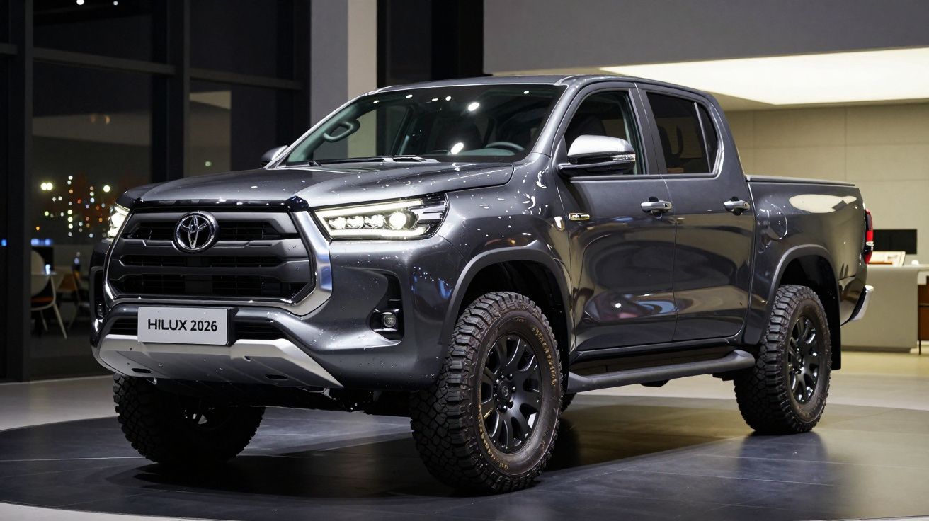 Picape Toyota Hilux 2026 cinzenta escura, 4 portas, com pneus todo-o-terreno em sala de exposição.