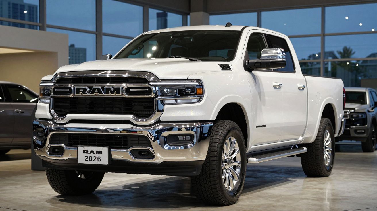 Picape branca RAM 2026 estacionada em espaço interior moderno com grandes janelas.