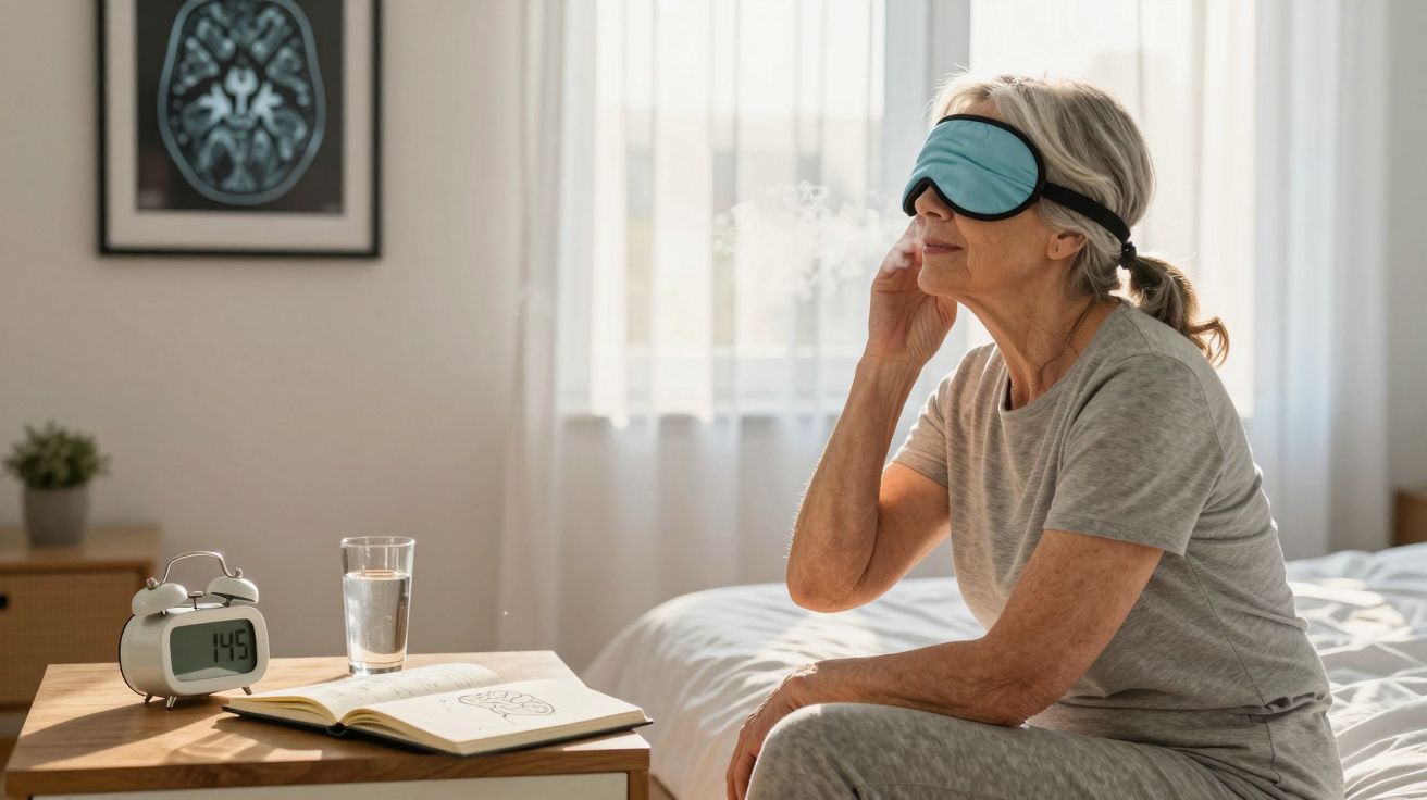 Mulher idosa sentada na cama com máscara de dormir azul em quarto iluminado pela manhã.