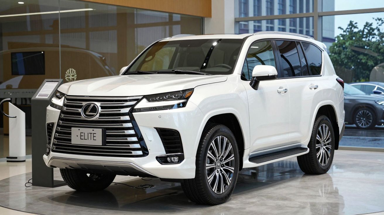 SUV Lexus branco estacionado num showroom moderno com grandes janelas e piso reflector.