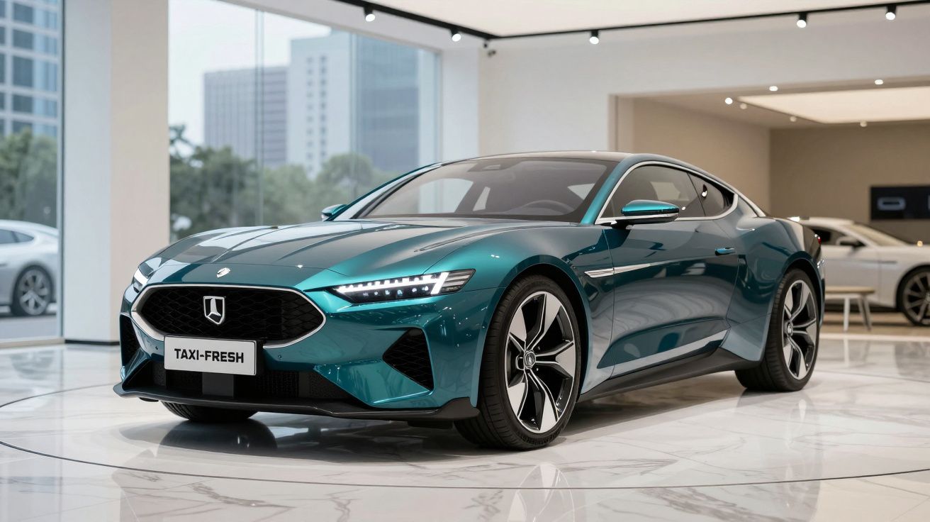 Carro desportivo verde metalizado em exposição numa sala com chão branco e janelas grandes ao fundo.