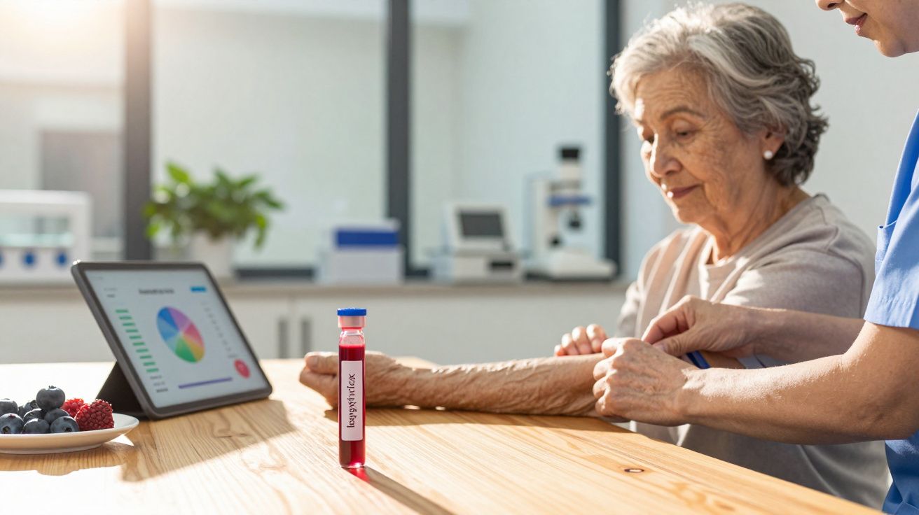 Enfermeiro a medir glicose no braço de idosa, com tablet e análise de gráficos sobre a mesa.