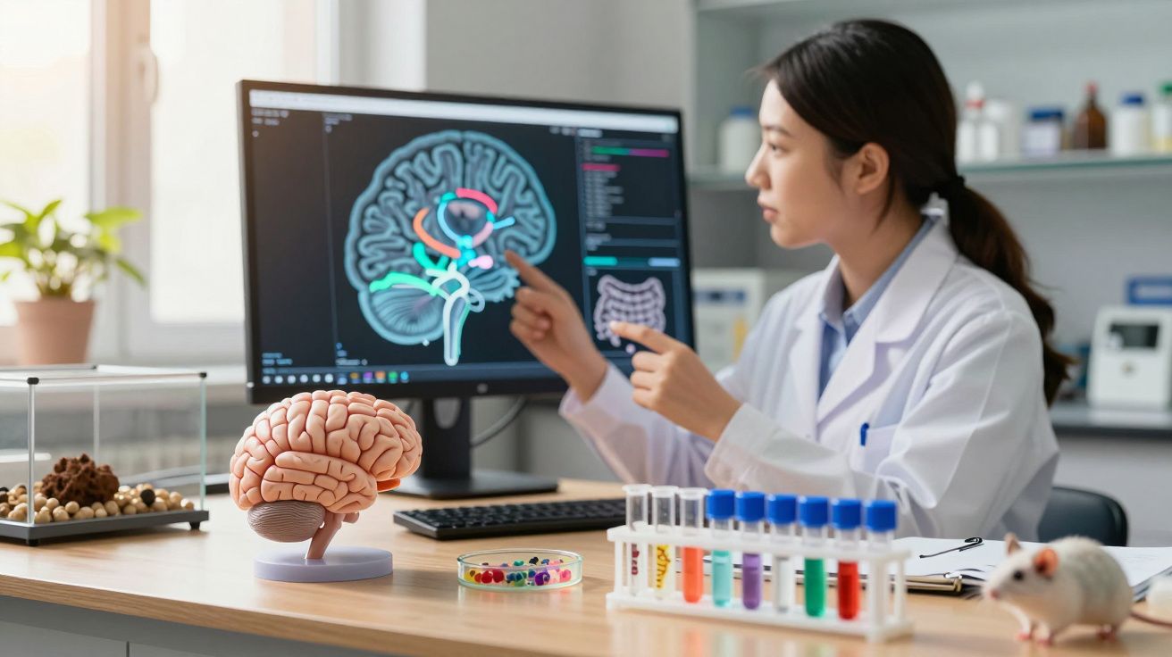 Investigadora em laboratório a analisar imagem digital do cérebro com modelo anatómico e tubos de ensaio coloridos.