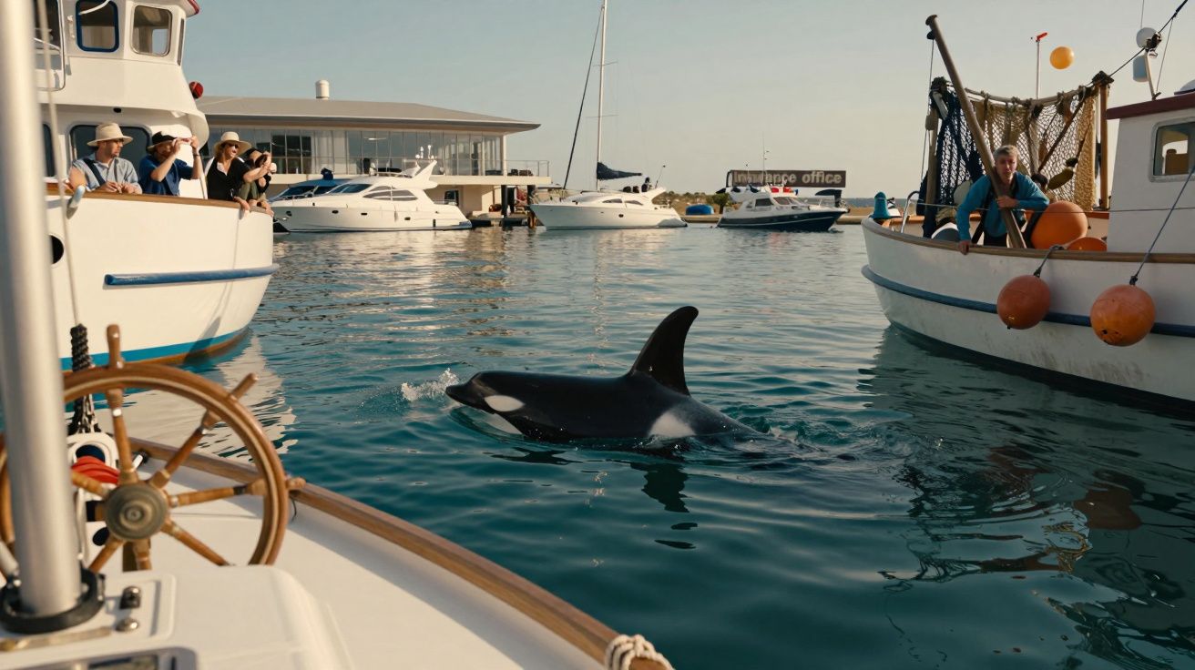 Orca a nadar entre barcos num porto com pessoas a observar e fotografar o animal marinho.
