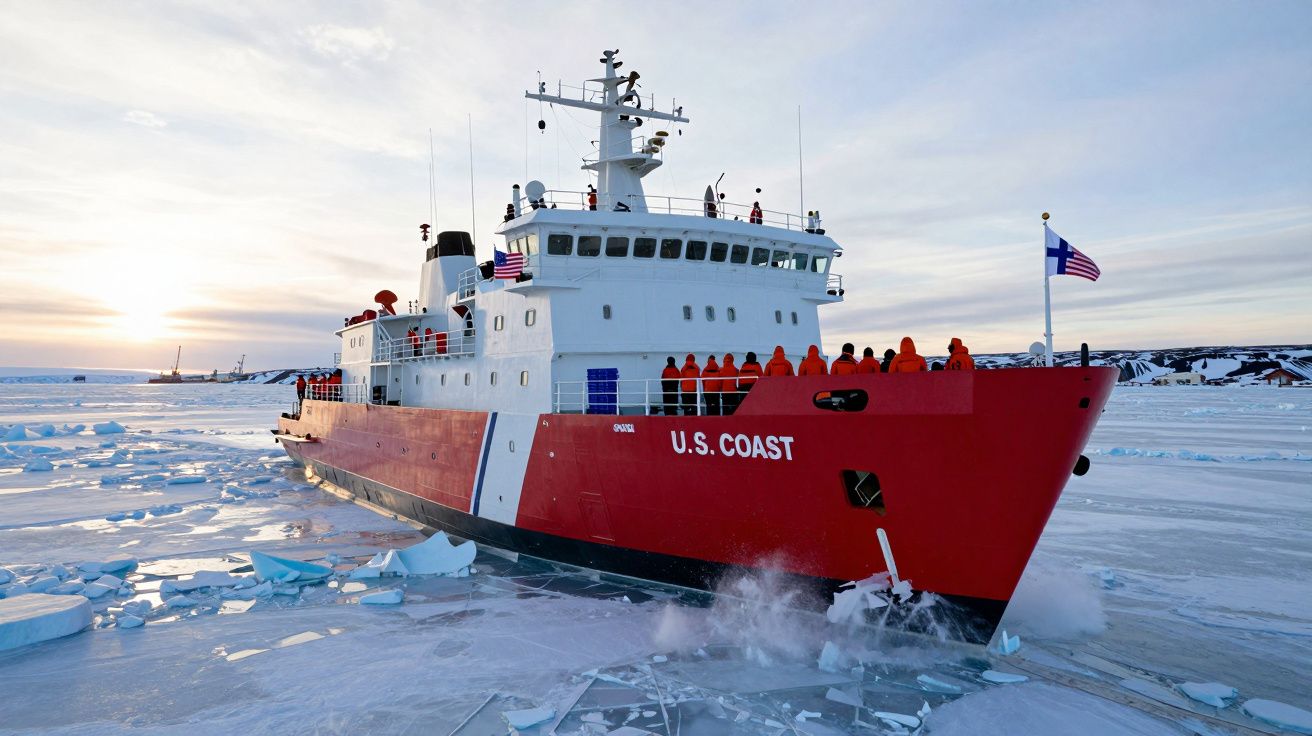 Navio de patrulha costeira dos EUA a quebrar gelo em águas polares com pessoas a bordo.