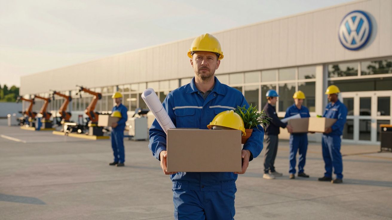 Trabalhador com capacete a transportar caixa com planta e capacete à frente de fábrica Volkswagen.