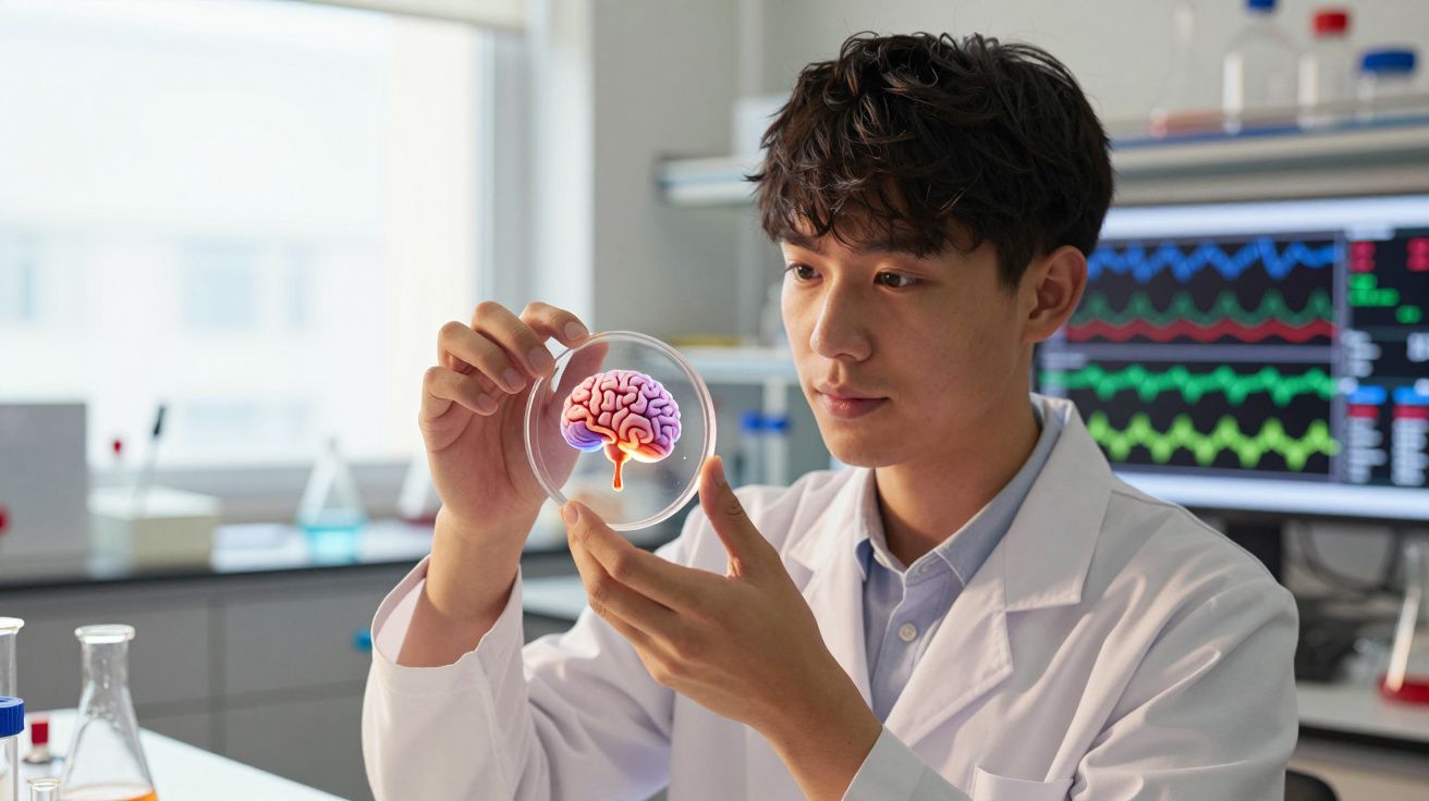 Cientista em laboratório a observar placa de Petri com ilustração holográfica de cérebro humano.