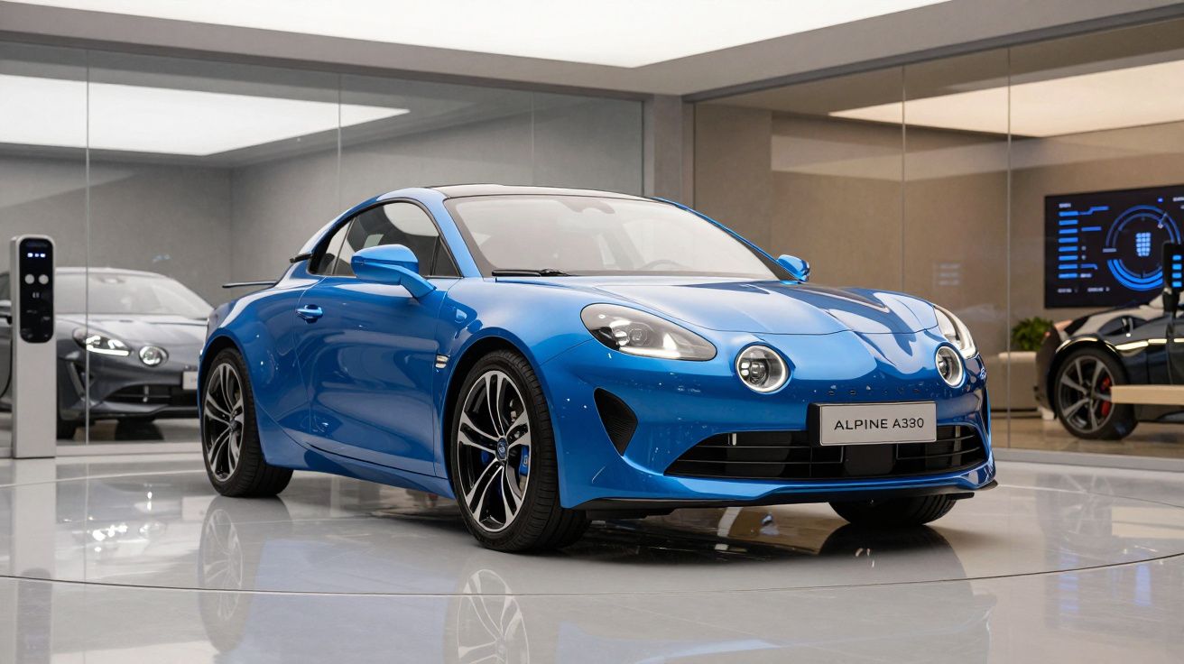 Carro desportivo eléctrico azul Alpine A330 numa exposição moderna com chão espelhado e espelhos nas paredes.