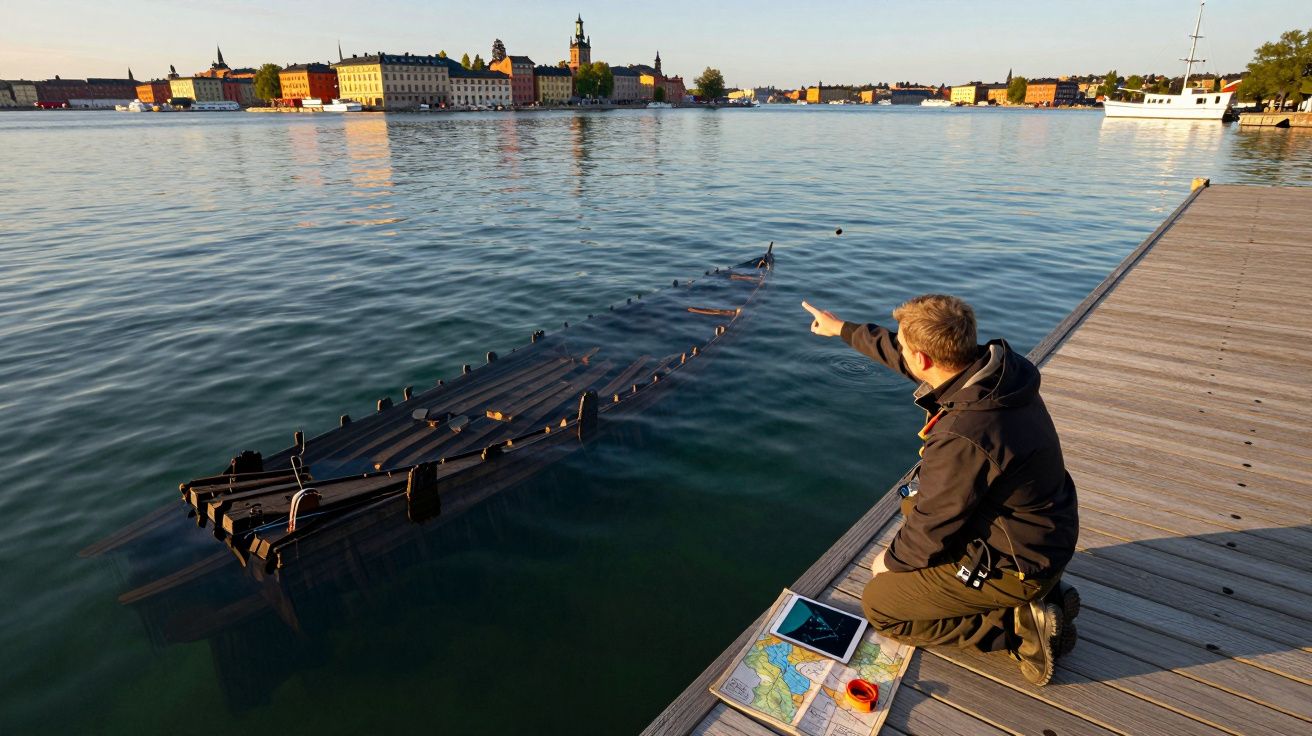Homem aponta para uma escultura aquática de ondas numa doca com cidade histórica ao fundo ao entardecer.