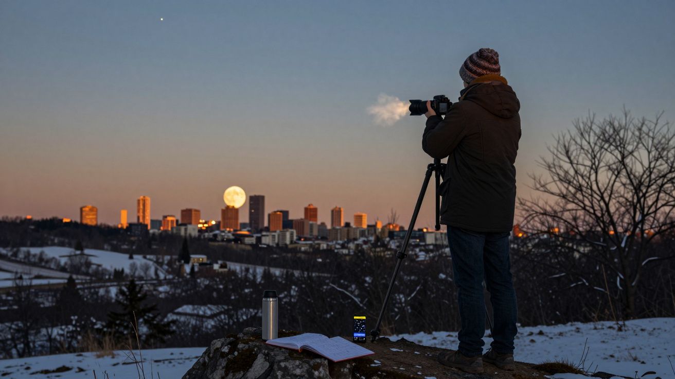 Pessoa com casaco e gorro a fotografar a lua cheia sobre uma cidade ao anoitecer, com neve no chão.