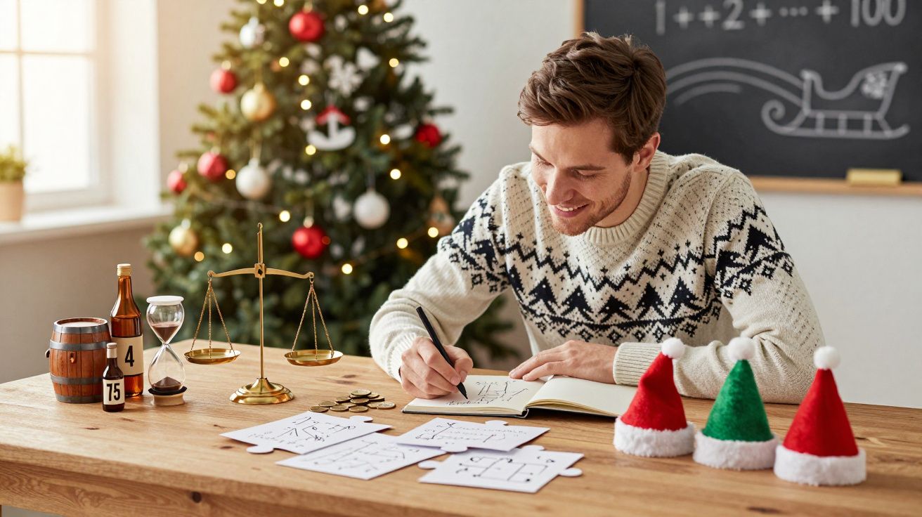 Homem a fazer contas num caderno com decoração natalícia e árvore de Natal ao fundo.