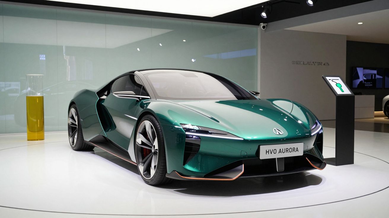 Carro desportivo elétrico verde HVO Aurora em exposição numa sala elegante e iluminada.