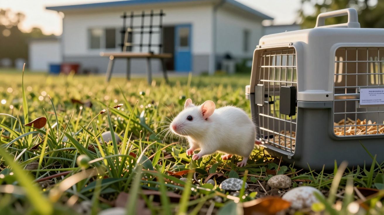 Rato branco saindo de uma caixa de transporte para animais num jardim com relva e pedras ao pôr do sol.