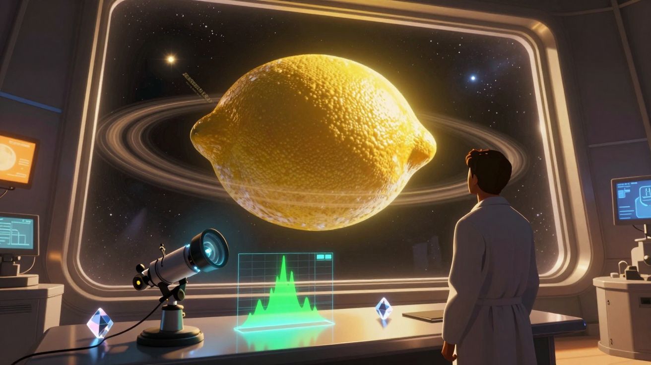 Homem observa limão gigante com anéis como planeta numa estação espacial futurista.