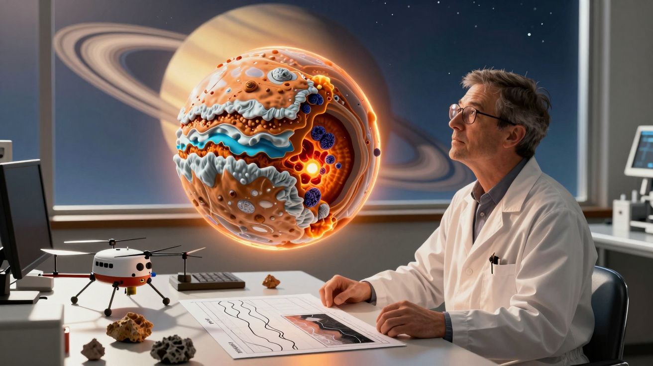 Cientista em laboratório observa modelo 3D do interior de um planeta com anéis, inspirado em Saturno.