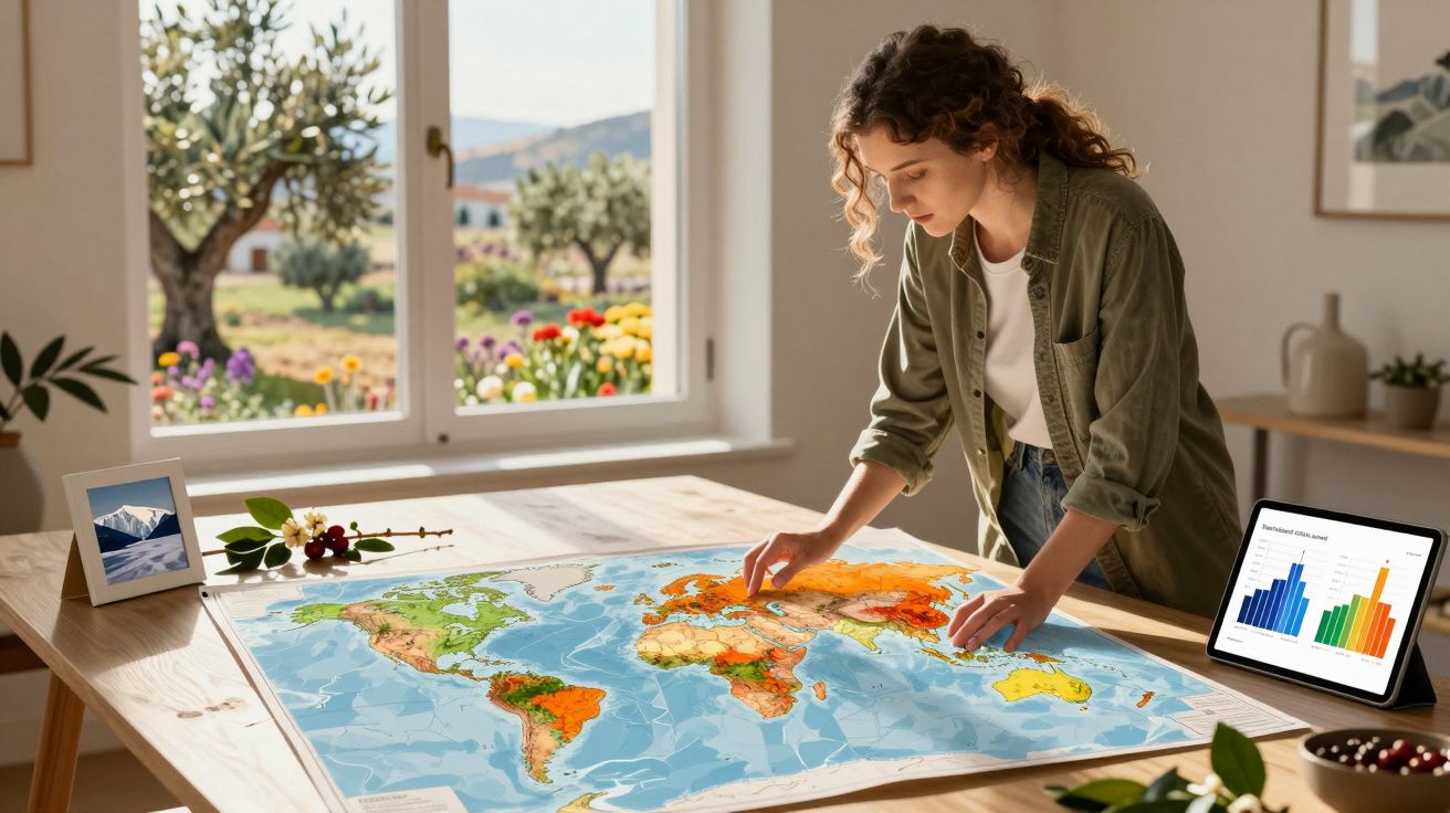 Mulher a estudar um mapa mundi numa mesa, com gráficos num tablet e janela com vista para jardim florido.