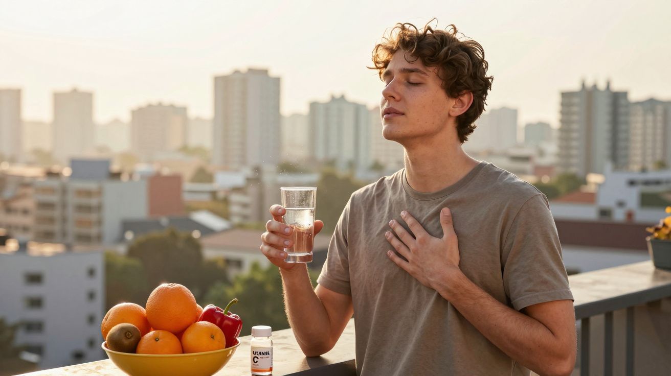 Jovem a segurar copo de água com mão no peito ao ar livre, com tigela de frutas e frasco de vitamina C na mesa.