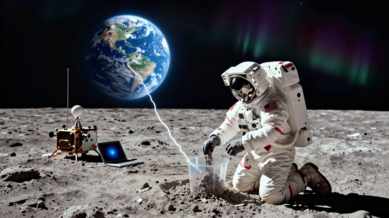 Astronauta na superfície lunar a recolher amostras de solo com a Terra visível no fundo.