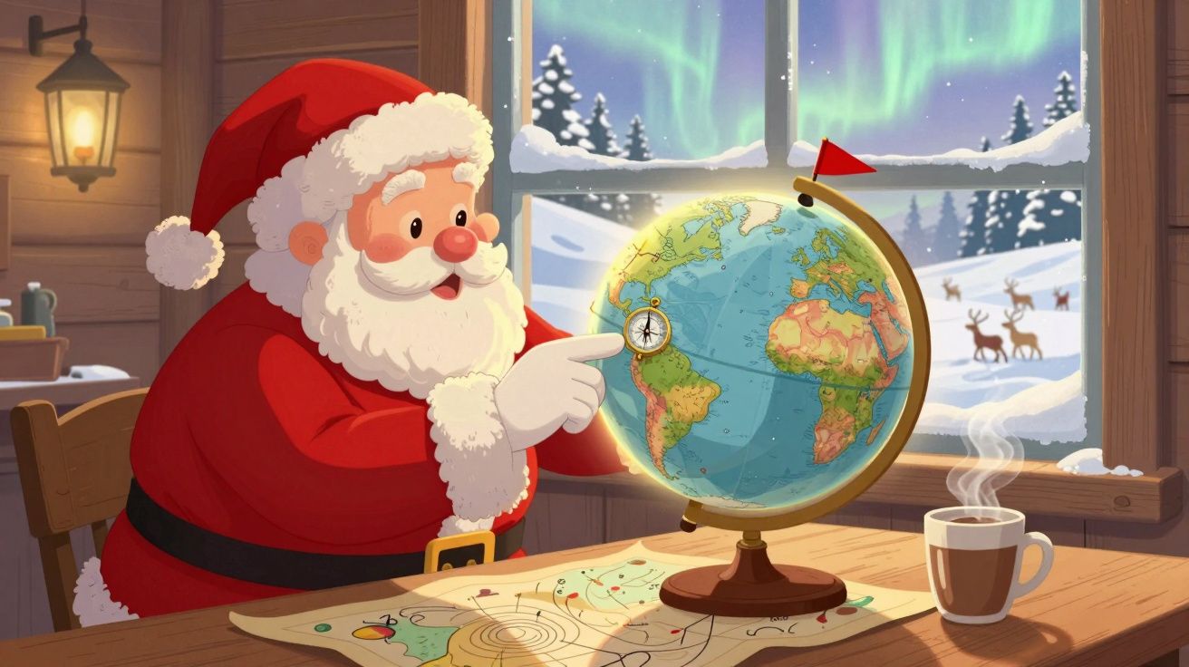 Pai Natal com chapéu vermelho e barba branca aponta para um globo terrestre numa mesa com mapa e chá junto a uma janela com n