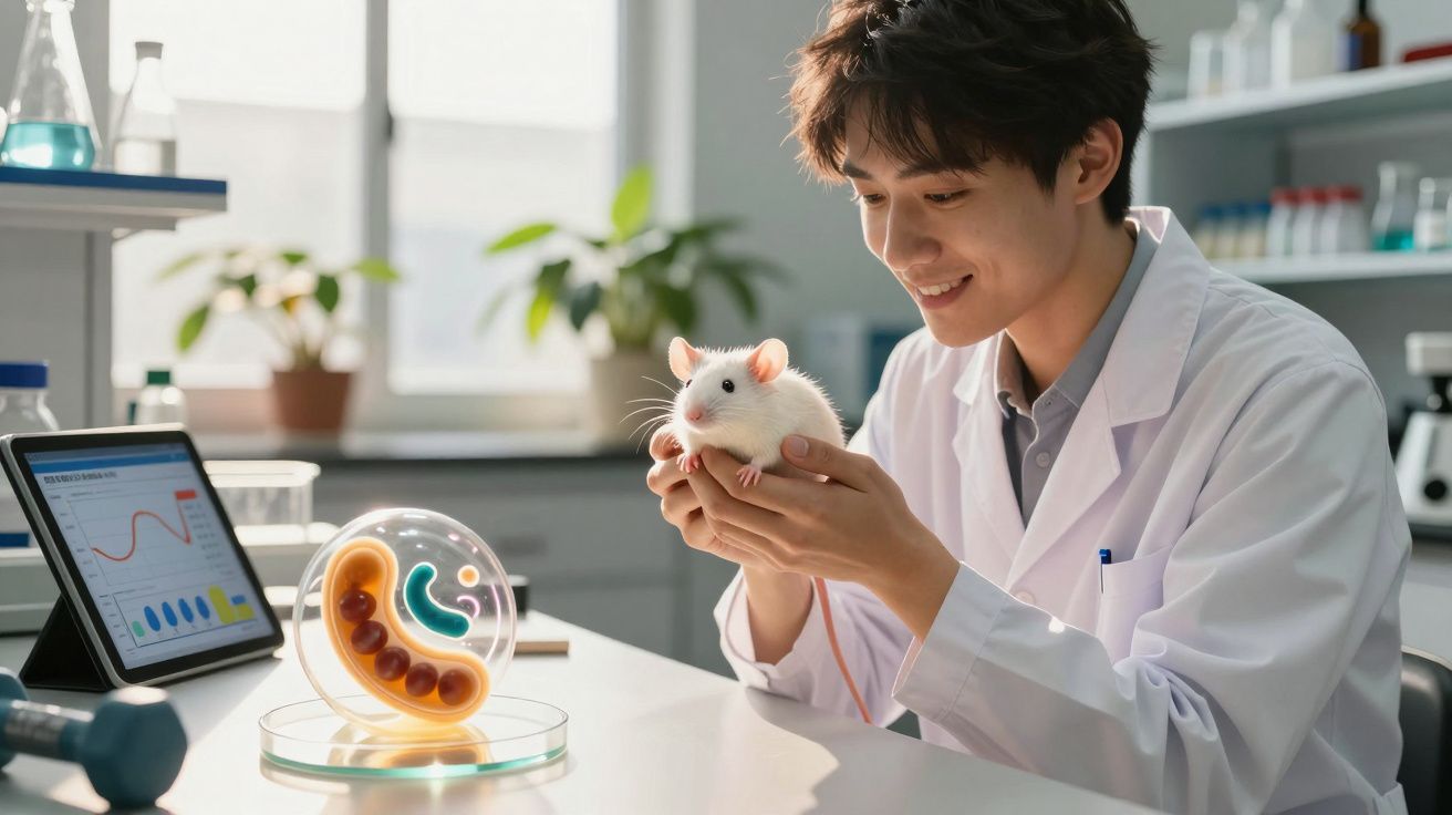 Cientista sorri enquanto segura um rato branco em laboratório com gráficos num tablet ao fundo.