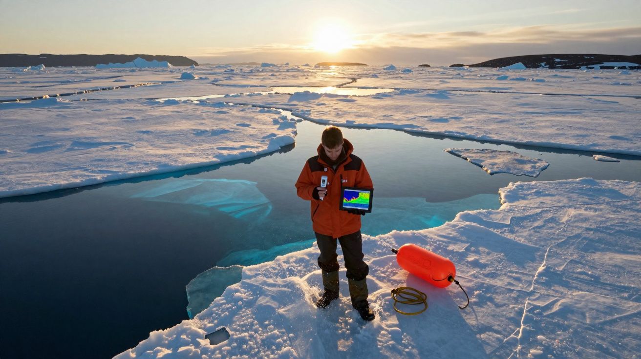 Pessoa em casaco laranja com tablet e equipamento de medição em gelo junto a orla de água no pôr do sol.