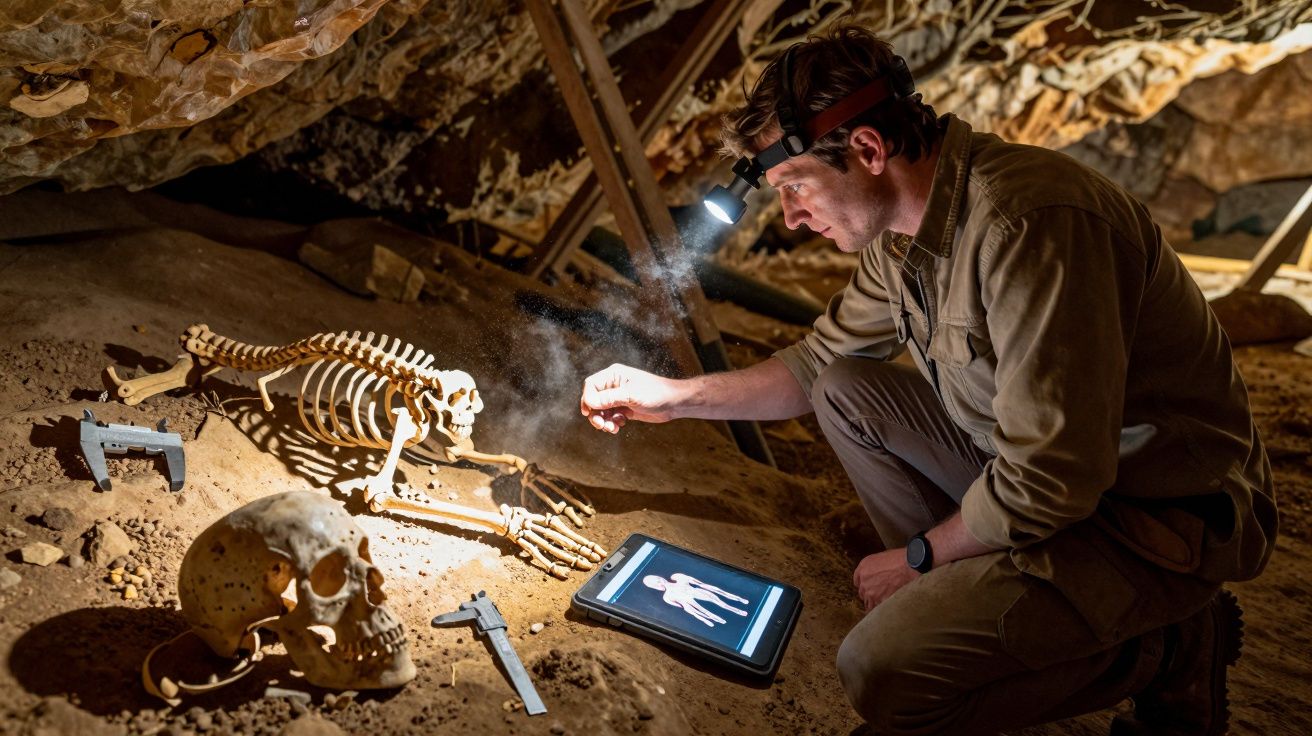 Arqueólogo com candeia frontal examina esqueleto humano e crânio numa escavação subterrânea.