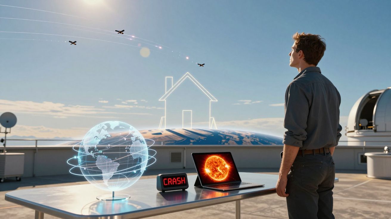 Homem observa holograma de casa, globo terrestre e laptop com imagem do sol numa mesa ao ar livre.