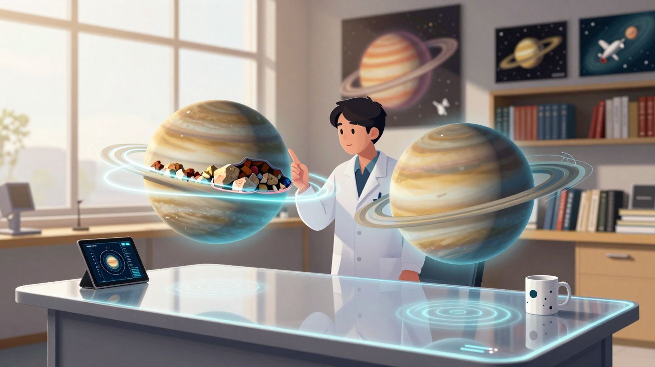 Cientista num laboratório interage com planetas em hologramas num ambiente de estudo espacial futurista.