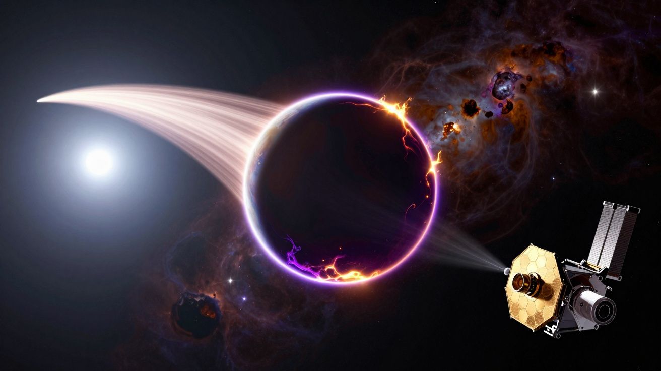 Sonda espacial observa planeta com anel luminoso e atividade eruptiva perto de uma estrela brilhante no espaço.