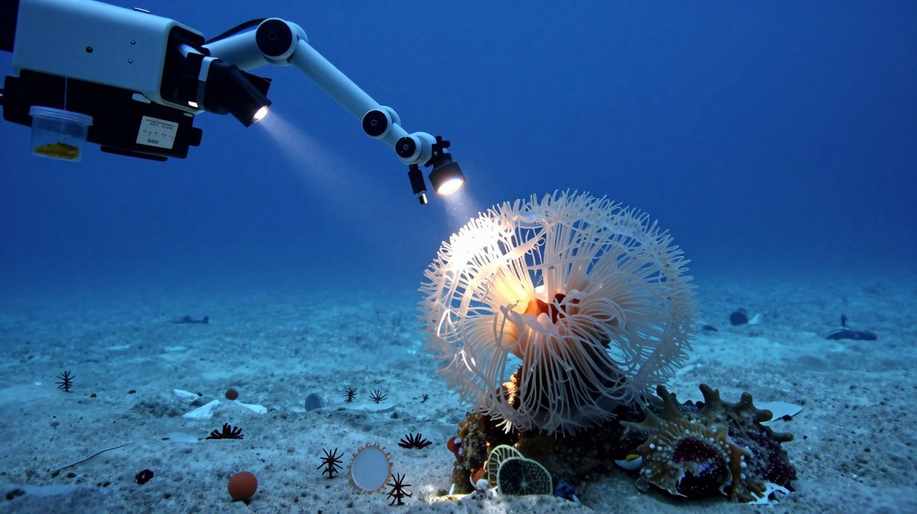 Braço robótico com luz ilumina anémona branca no fundo marinho azul.