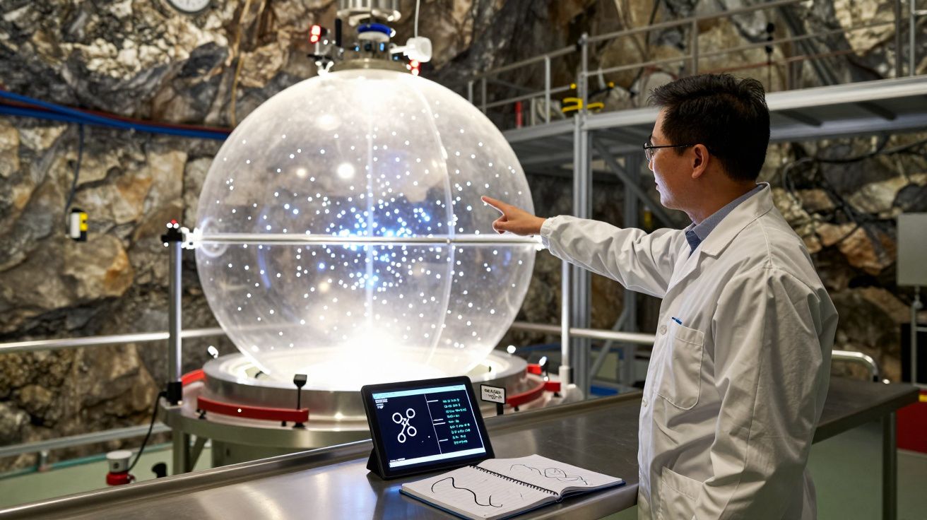 Cientista em laboratório subterrâneo aponta para grande esfera transparente iluminada com tablet e caderno à frente.
