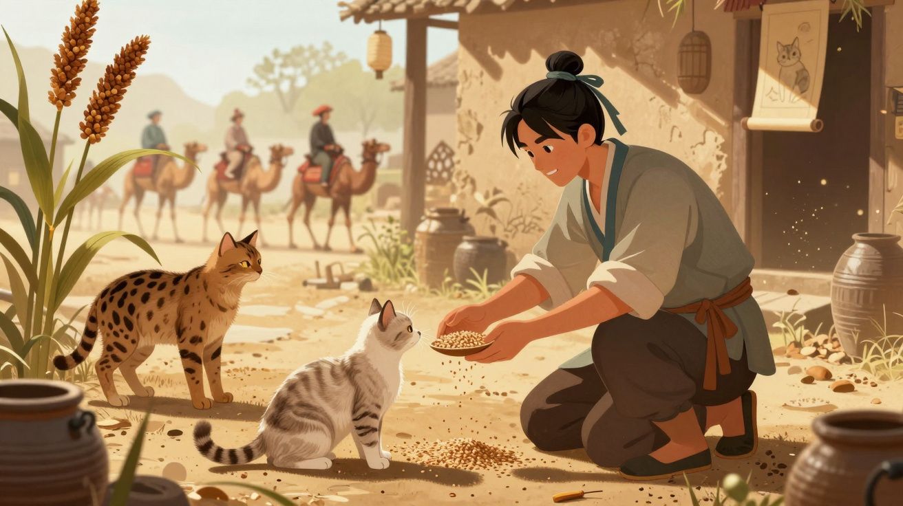 Jovem alimenta dois gatos à porta de casa numa aldeia antiga, com camelos e pessoas ao fundo.