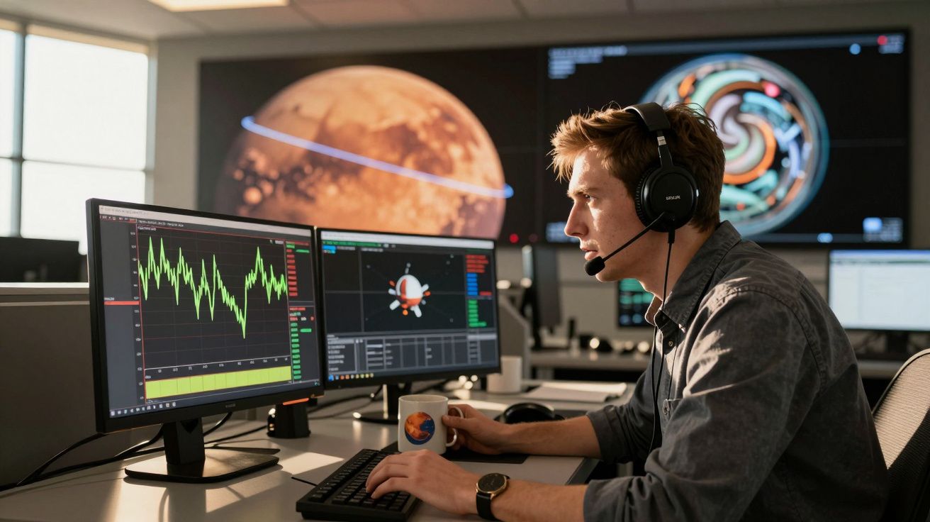 Homem com auscultadores controla dados espaciais em computador com imagens de Marte ao fundo numa sala de controlo.