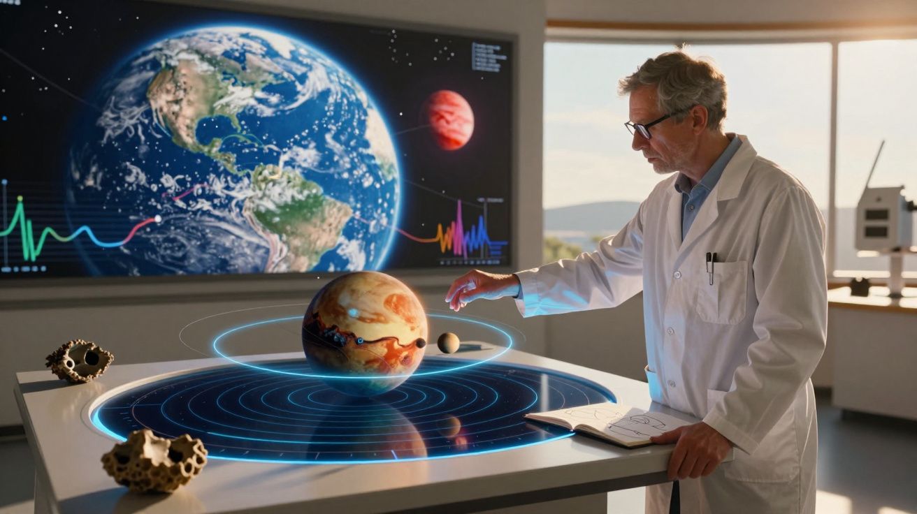 Cientista com bata branca interage com modelo digital do sistema solar numa sala de investigação.