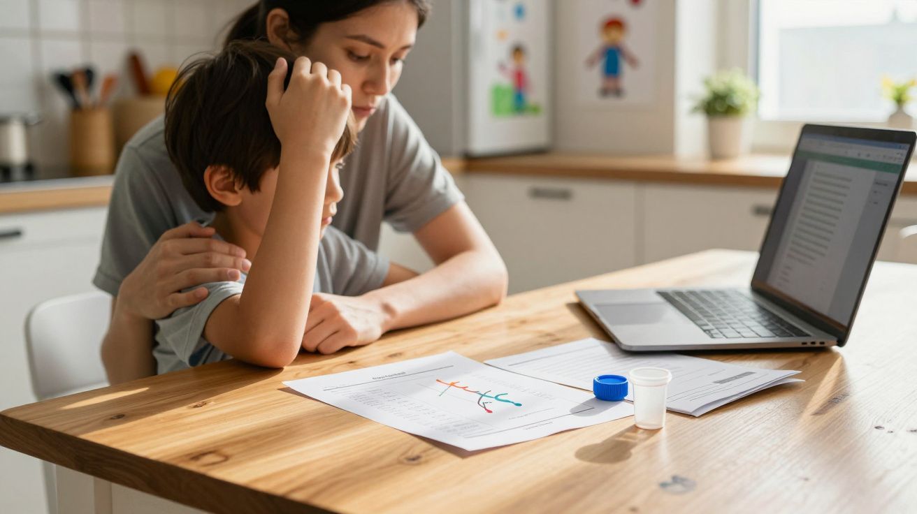 Criança com ar preocupado recebe apoio de mulher enquanto fazem tarefas à mesa com computador portátil aberto.