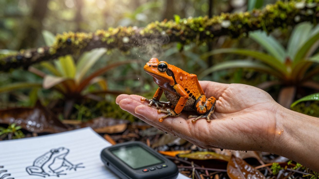 Rã-dendrobato laranja sobre mão humana numa floresta tropical com aparelho e desenho no chão.