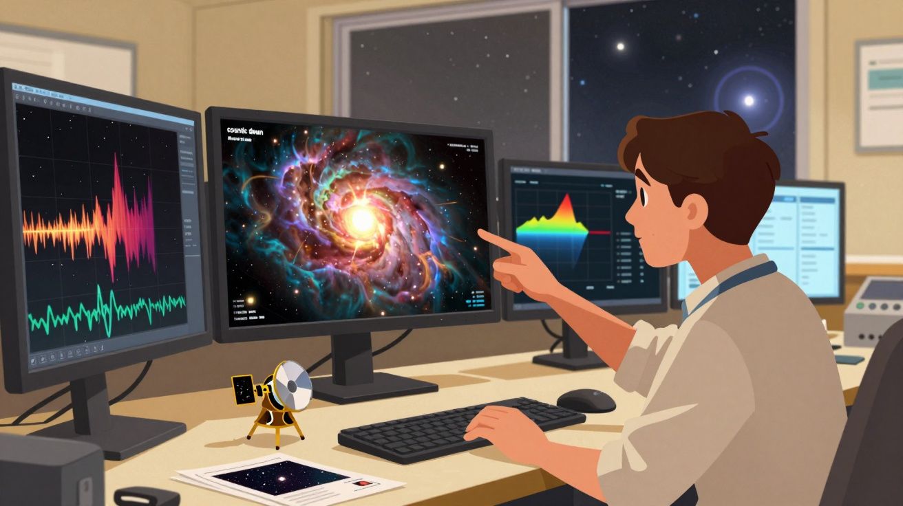 Homem analisa imagens e gráficos de galáxias e sinais cósmicos em vários monitores num escritório.